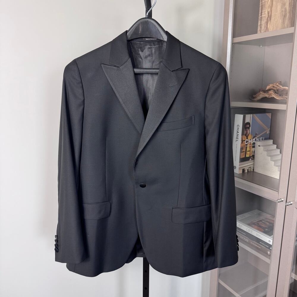 Boglioli Black Wool Satin Peak Lapel Tuxedo Jacket 52 Single Breasted Sport Coat